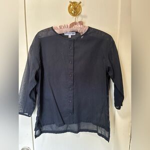 Ines de la Fressange Uniqlo Navy Mandarin Collar Opaque Cotton Blouse S